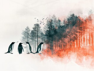 Abstract illustration of penguins walking towards a misty, colorful forest with flying birds. Artistic and whimsical landscape art.