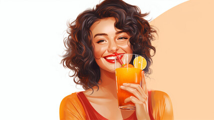 A close-up of a woman smiling as she sips an orange drink, with a clean white background 