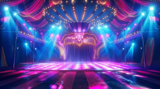 Vibrant circus stage with colorful lighting and drapes in the evening.