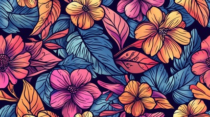 Naklejka premium Hand drawn seamless pattern of flowers and leaves