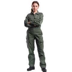 Young woman stands confidently wearing a professional mechanics uniform on white background