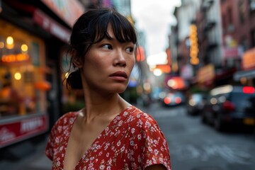 Portrait of a beautiful Asian woman in a red dress in the streets of New York City