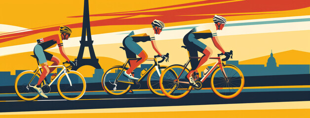 Vintage style illustration of cyclists racing in front of the Eiffel Tower in Paris, France