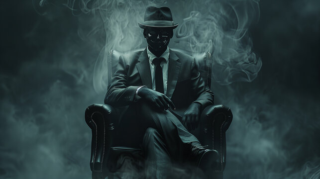 A man in a black suit and hat sits in a chair with a fake mask on his face. The chair is covered in smoke, giving the scene a dark and mysterious atmosphere