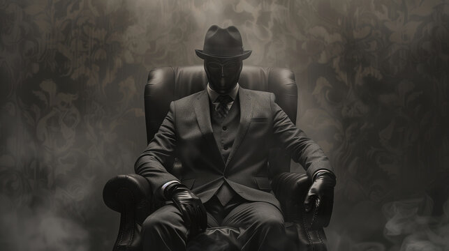 A man in a black suit and hat sits in a chair with a fake mask on his face. The chair is covered in smoke, giving the scene a dark and mysterious atmosphere
