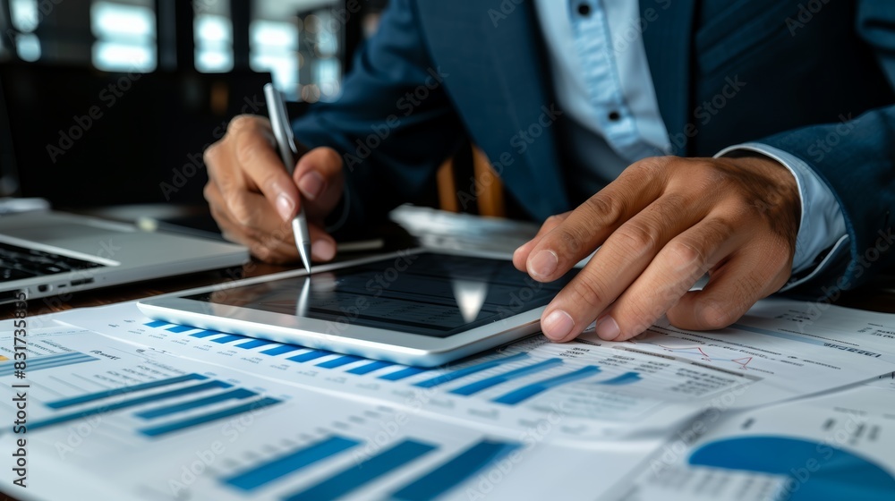 Poster business professional analyzing financial data on a tablet with charts and graphs in a modern office