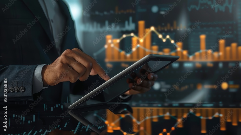 Poster business professional using tablet analyzing financial data charts. stock market graph in background