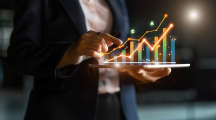 Business professional analyzing a financial graph on a tablet, showcasing growth and success in a modern corporate setting.