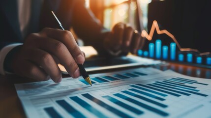 Business professional analyzing financial charts and graphs, reviewing data for strategic planning and market analysis in an office setting.
