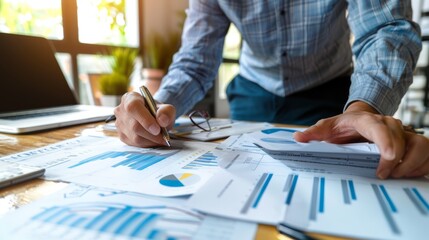Business professional analyzing financial documents and data in a workspace with charts and graphs. High-quality image for corporate use.