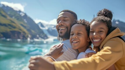 Joyful Multicultural Family Enjoying a Sunny Day on an Alaskan Cruise, Embracing with Glacial Views