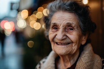 Portrait of a smiling elderly woman in the street at night.