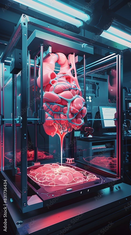 Poster intricate bioprinted organ structures materializing in futuristic 3d visualization