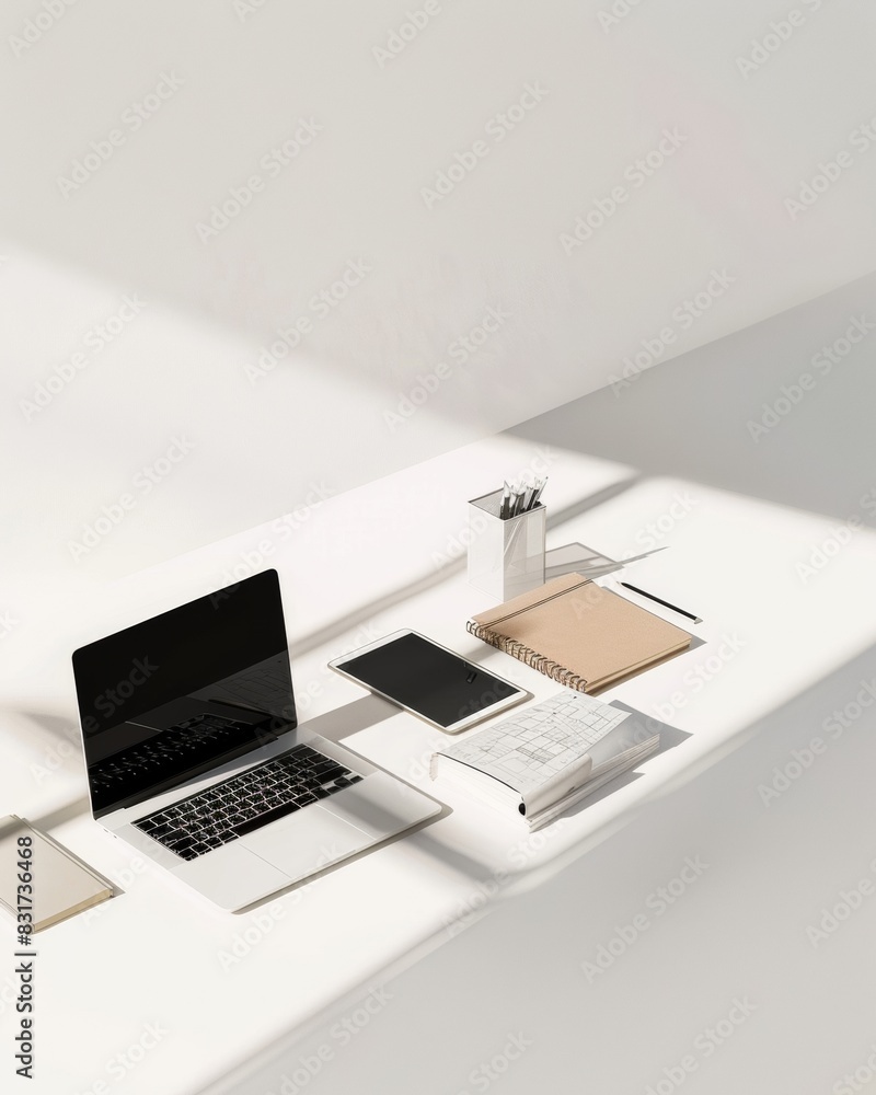 Poster minimalist entrepreneurship workspace with modern technology and financial documents in soft white s