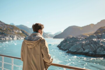 Fototapeta premium Adventurous Businessman Relishing the Alaskan Coastline View from a Cruise Ship Deck at Sunrise