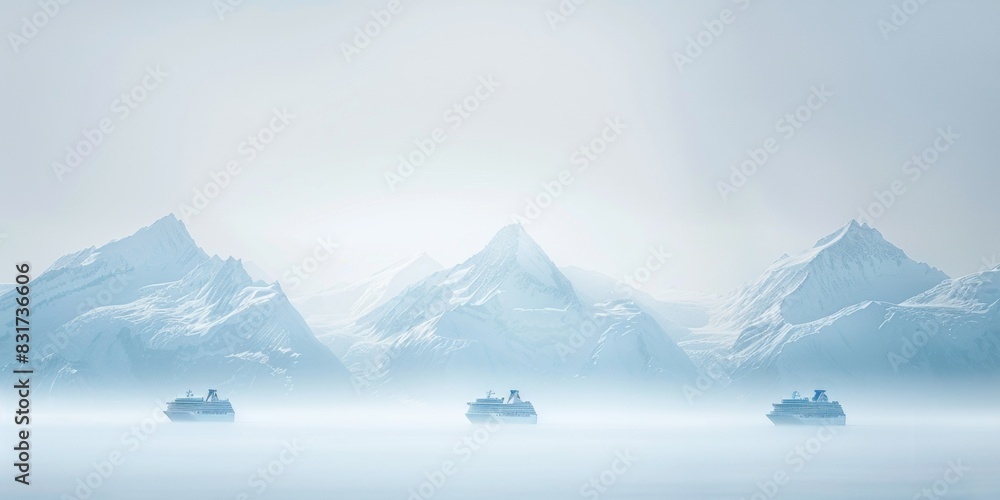 Aufkleber Abstract Alaska Cruise with Symmetrical Snow-Capped Mountain Backdrop: Blurry Cruise Ships in a Pale Blue Winter Setting Using Long Exposure