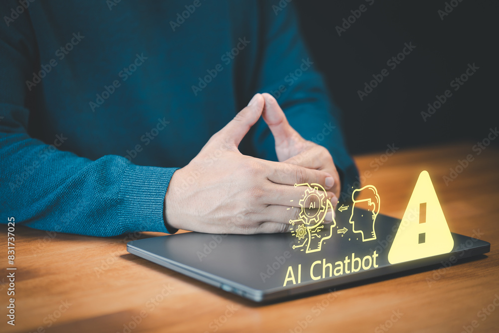 Poster Chat with AI, Artificial Intelligence. User male using laptop chatting with a smart AI using an artificial intelligence chatbot with triangle caution warning sign for notification error concept.