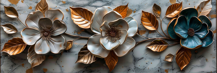 three panel wall art, marble background with golden and silver Teal Flower Plants designs, wall decoration