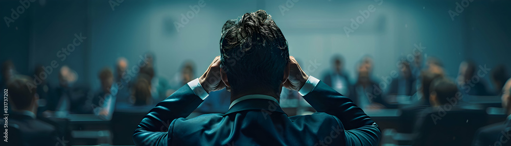 Poster high resolution image of manager organizing a crisis management meeting with panicked atmosphere emp