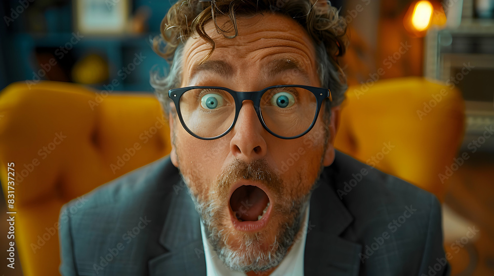 Poster high resolution image: manager reacting to unexpected news with panicked expression immediate shock 
