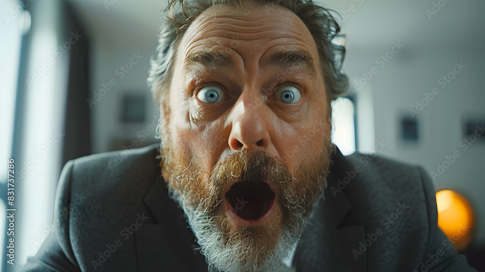 Poster high resolution image of manager reacting to unexpected news with panicked expression immediate shoc