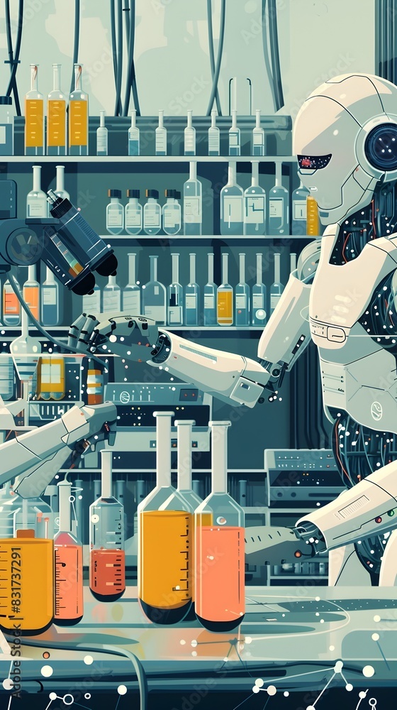 Poster fully automated lab workspace with robotic technicians managing scientific experiments