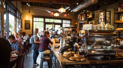 A cozy coffee shop interior with patrons enjoying their drinks, ambient lighting, and a variety of pastries on display