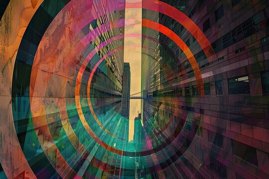 Rainbow circle radius graphic on monocolor of cityscape of skyscrapers, high buildings. street, sea, and bay on cloudy sky.