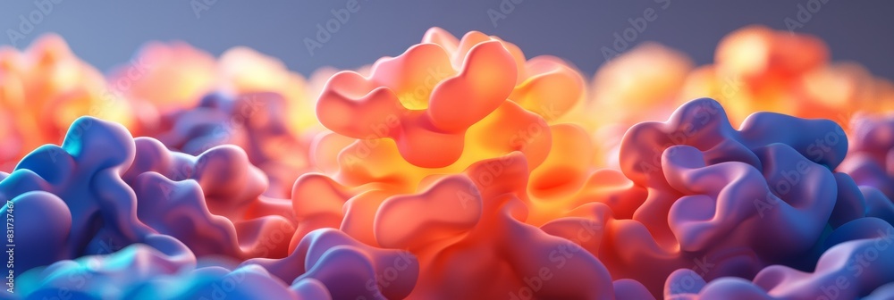 Poster colorful abstract digital landscape depicting fluid, undulating forms under soft illumination