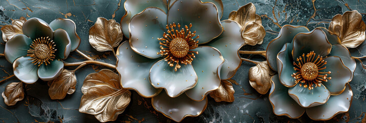 three panel wall art, marble background with golden and silver Teal Flower Plants designs, wall decoration