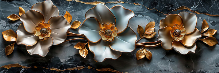 Fototapeta premium three panel wall art, marble background with golden and silver Teal Flower Plants designs, wall decoration