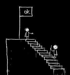 Monochrome illustration of a man taking a gradually little step on a stair is easier and alright or ok to achieve and succeed, and successful person holds a flag at the top.