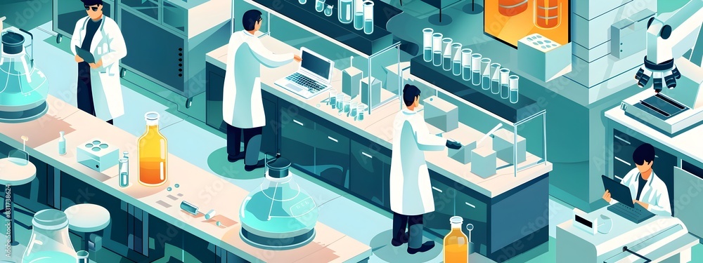 Poster innovative biotech startups developing cutting edge solutions in a high tech laboratory setting