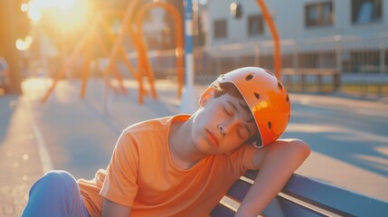 Young Male Athlete Contemplating Mental Health and Safety in Sports at Sunset: A Tranquil Urban Park Scene