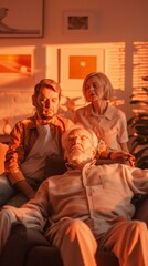 Naklejka premium Supportive Family in Cozy Living Room: Elderly Man with CTE Embraced by Loved Ones, Illuminated by Warm Evening Light