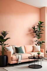  Livingroom with accent bright peach fuzz 2024 sofa and pale orange coral wall. Large sofa with cushions in velor fabric. Lounge area in the home. Mockup luxury design room and furniture. 3d render 