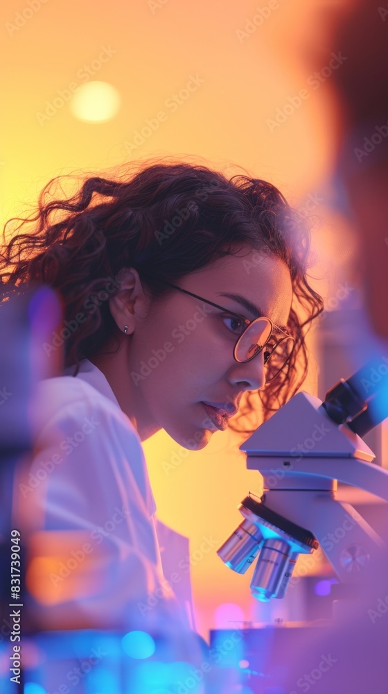 Poster Diverse Team of Scientists Researching CTE in a High-Tech Lab, Examining Brain Tissue Under Microscope, Intense Focus in Evening Light