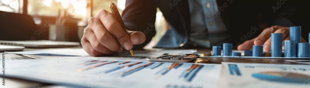 Poster close-up of a business professional analyzing financial charts with graphs and data in a modern offi
