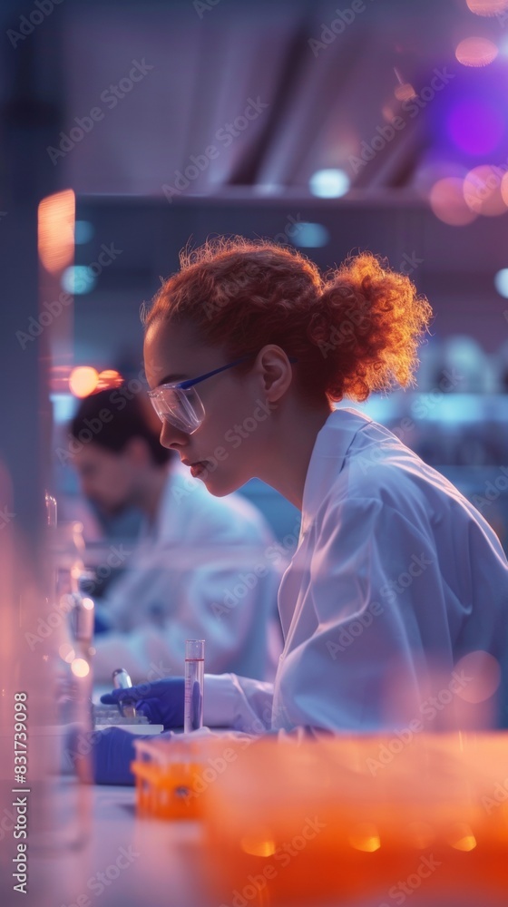 Aufkleber Intense Research in Brain Science: Multiracial Team Examining Brain Tissue in Lab, Focus on CTE Treatment - Researchers, M/F, Adult, Lab Coats, Daytime