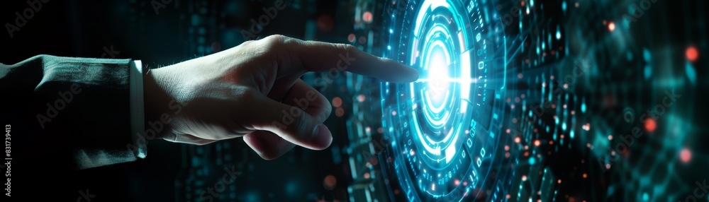 Poster futuristic hand touching digital holographic interface with glowing circles and data points, symboli