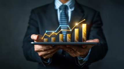 Businessman holding a tablet with a growing bar chart indicating business success and financial growth, representing modern technology in business.