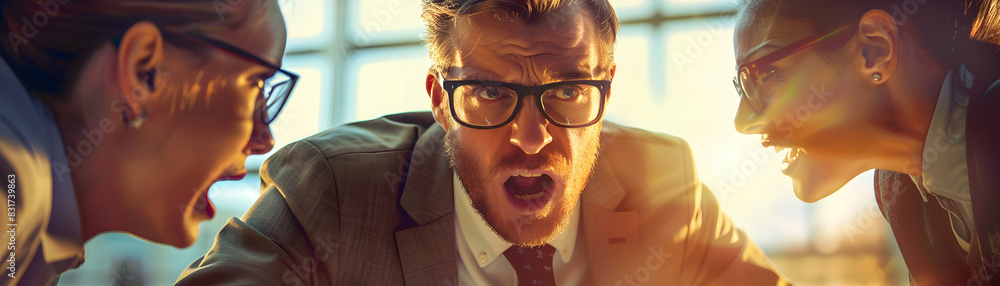 Aufkleber urgency in customer service: team dealing with major client issue in high resolution, panicked atmos