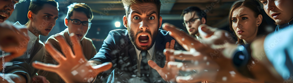 Poster intense pr crisis management: panicked team dealing with disaster powerful high resolution image of 