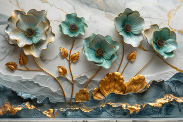 three panel wall art, marble background with golden and silver Teal Flower Plants designs, wall decoration