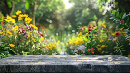Blank product display podium with garden flowers field meadow on background. Beauty skincare cosmetics presentation. Organic natural concept