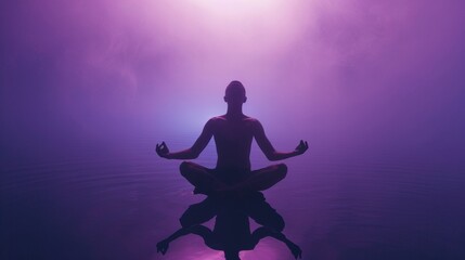 Ethereal Meditation in Space: A Silhouetted Person Embracing Self-Care Amidst a Tranquil Purple Gradient