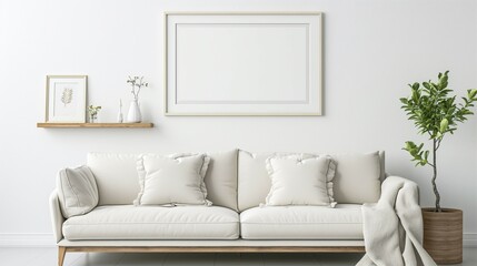 Picture frame mockup, modern home living room interior with white sofa