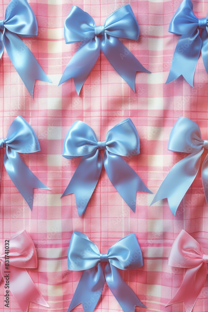 Poster charming pattern of light blue bows on pink gingham, regular placement, delicate and soft textures. 