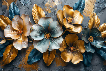 three panel wall art, marble background with golden and silver Teal Flower Plants designs, wall decoration