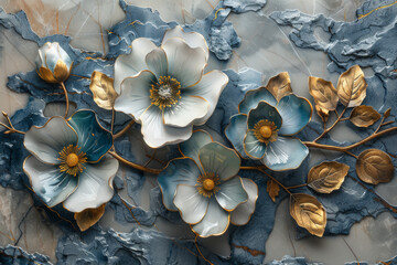 Fototapeta premium three panel wall art, marble background with golden and silver Teal Flower Plants designs, wall decoration